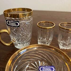 Pasabahce ER Kristal Vintage Crystal Tea Coffee Set Gold Rim – 7 Pieces